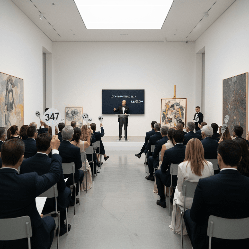 Art auction event with guests holding bidding paddles