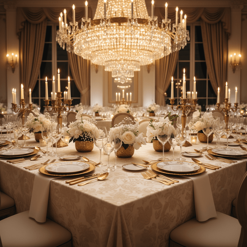 Luxury gala table setting with gold details and crystal glasses
