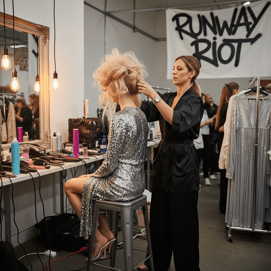 Stylist preparing model backstage before fashion show