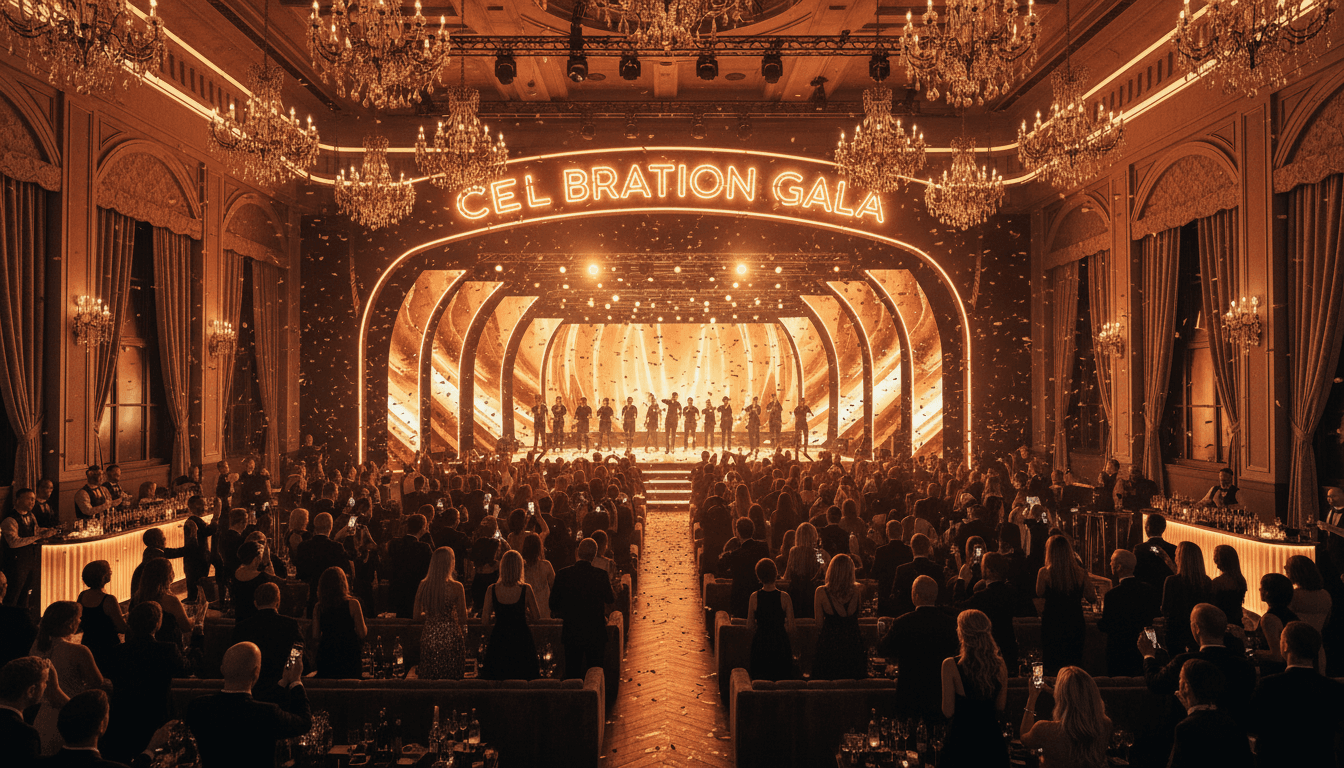 Golden-lit evening event audience at a luxury production