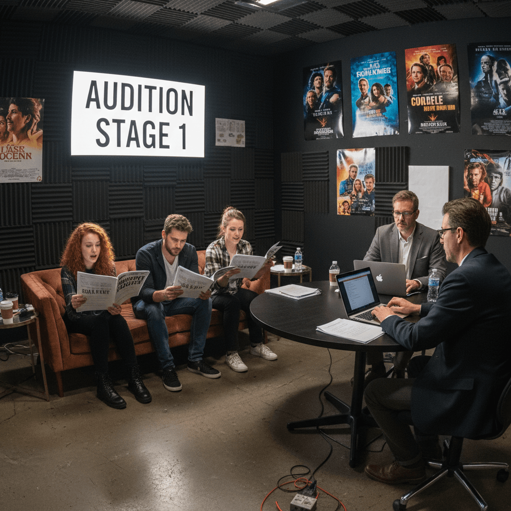 Casting call with actors reading scripts in studio
