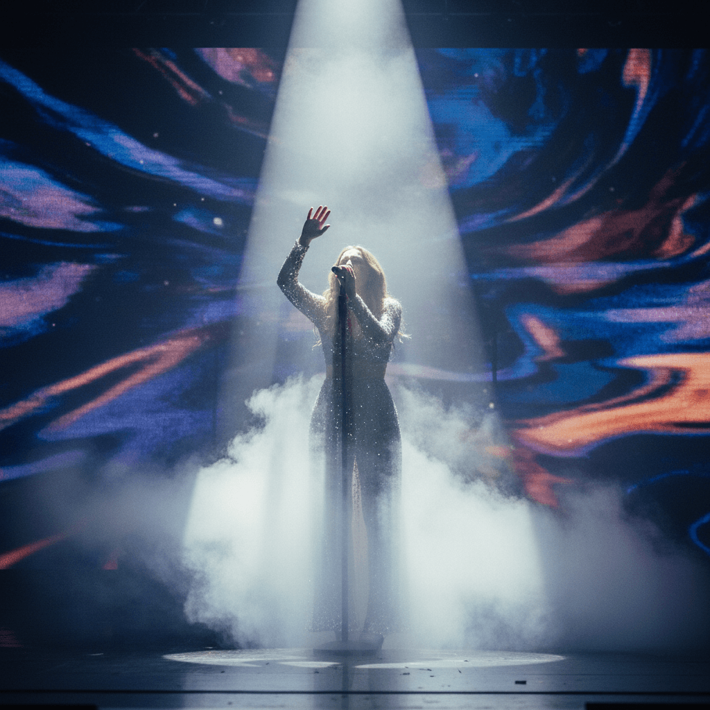 Dramatic performance on stage with spotlight and haze